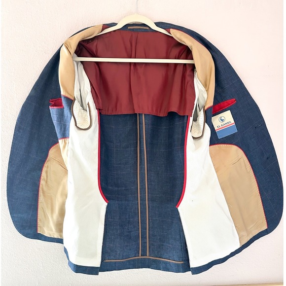 El Ganso Mens Blue Plaid Blazer Sport Coat Red Elbow Patches Two Button - Picture 2 of 4